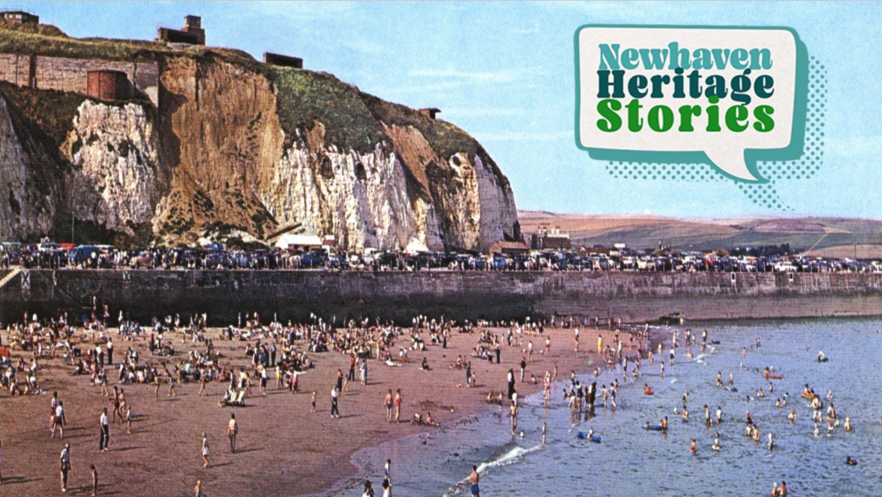 A colour postcard of people on Newhaven Beach